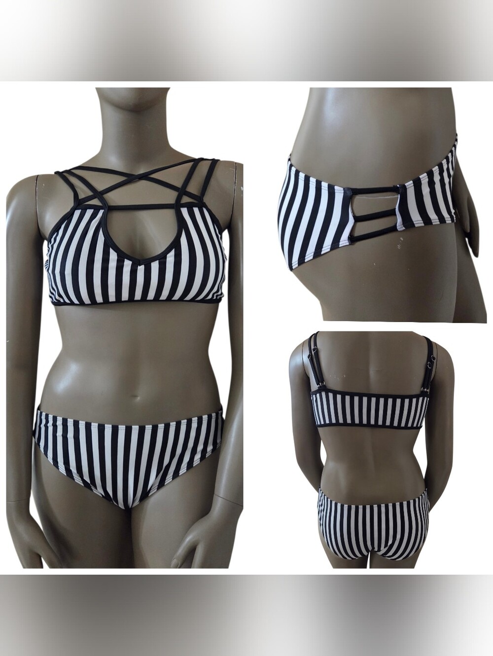 Goth Striped Halter Bikini Top & Side Strappy Cheeky Bottoms XL/1X Black White